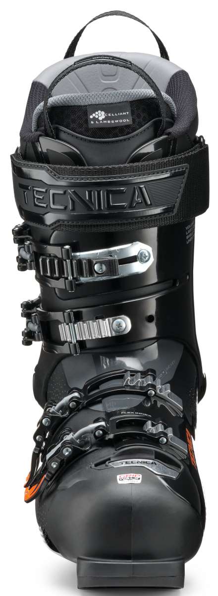 Tecnica Mach Sport HV 100 Ski Boots 2024 - Black ski boots with white accents and silver buckles.
