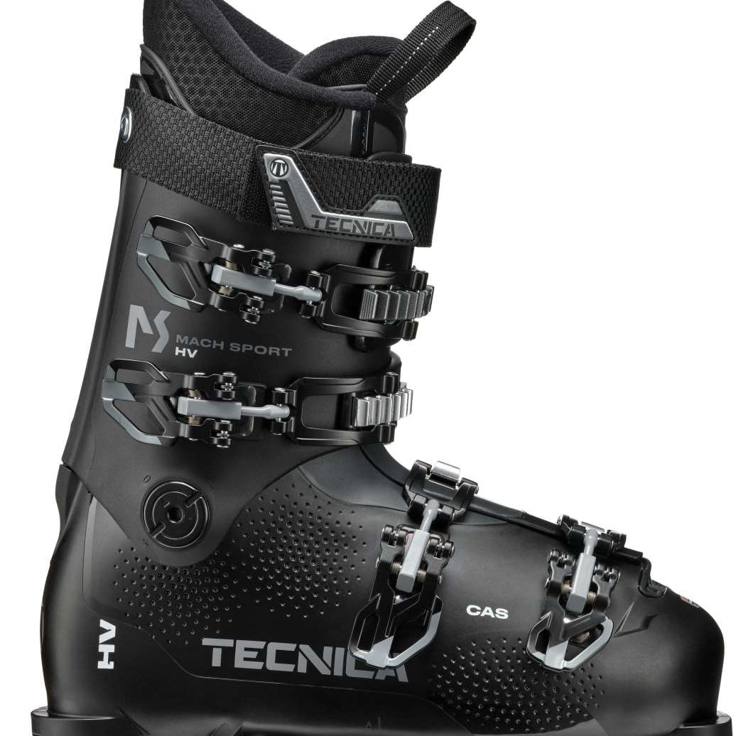 Tecnica Mach Sport HV 70 Ski Boot 2022-2023 - Black ski boot with silver buckles and straps.
