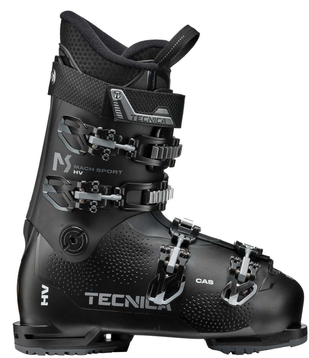 Tecnica Mach Sport HV 70 Ski Boot 2022-2023 - Black ski boot with silver buckles and straps.