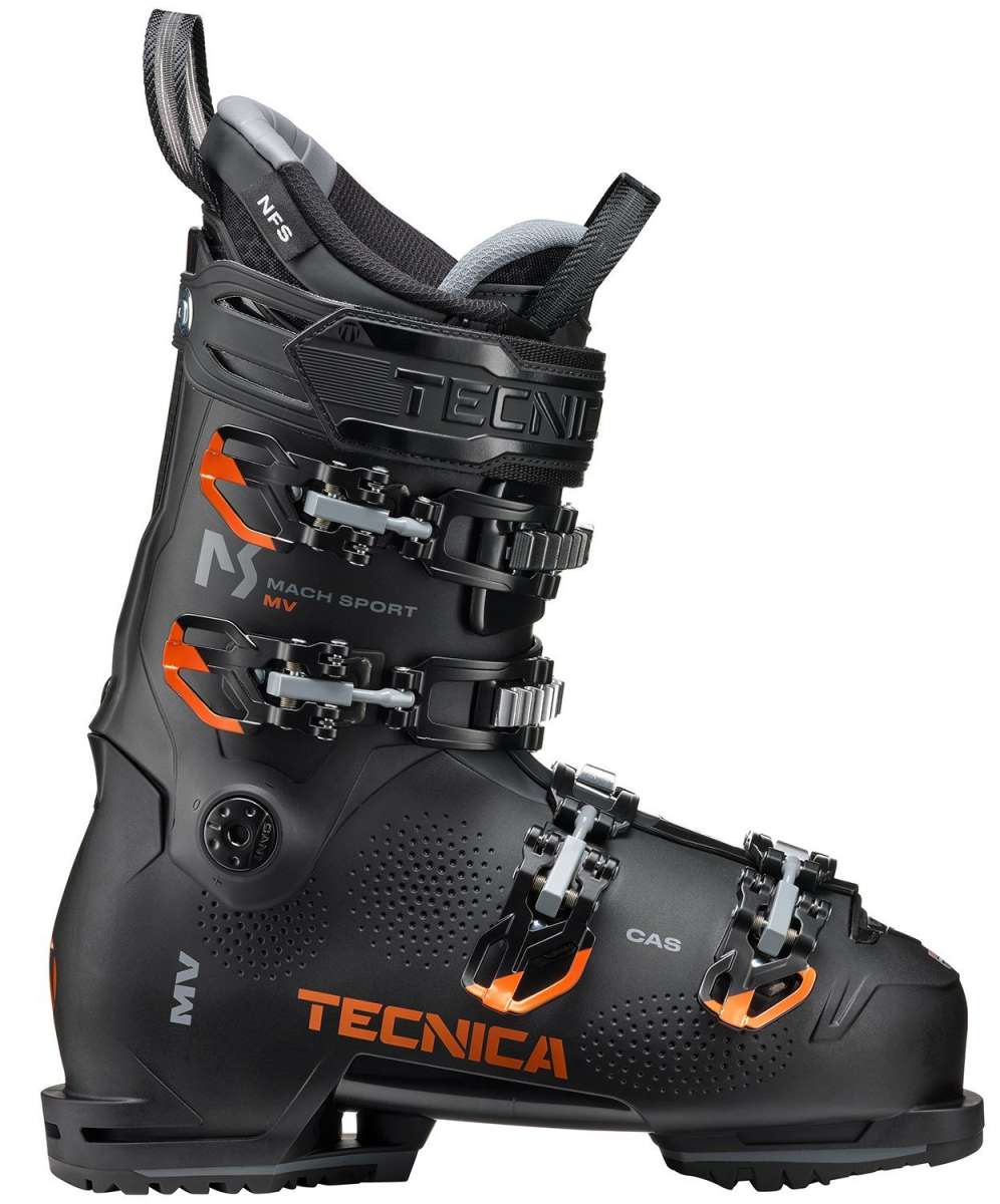 Tecnica Mach Sport MV 100 Ski Boot 2022-2023 - Black ski boot with silver buckles and orange accents.
