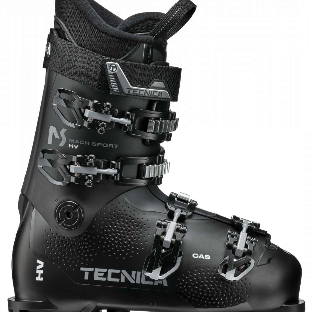 Tecnica Mach Sport HV 70 Ski Boots 2024 - Black ski boots with silver buckles and straps, featuring a textured pattern on the toe area.
