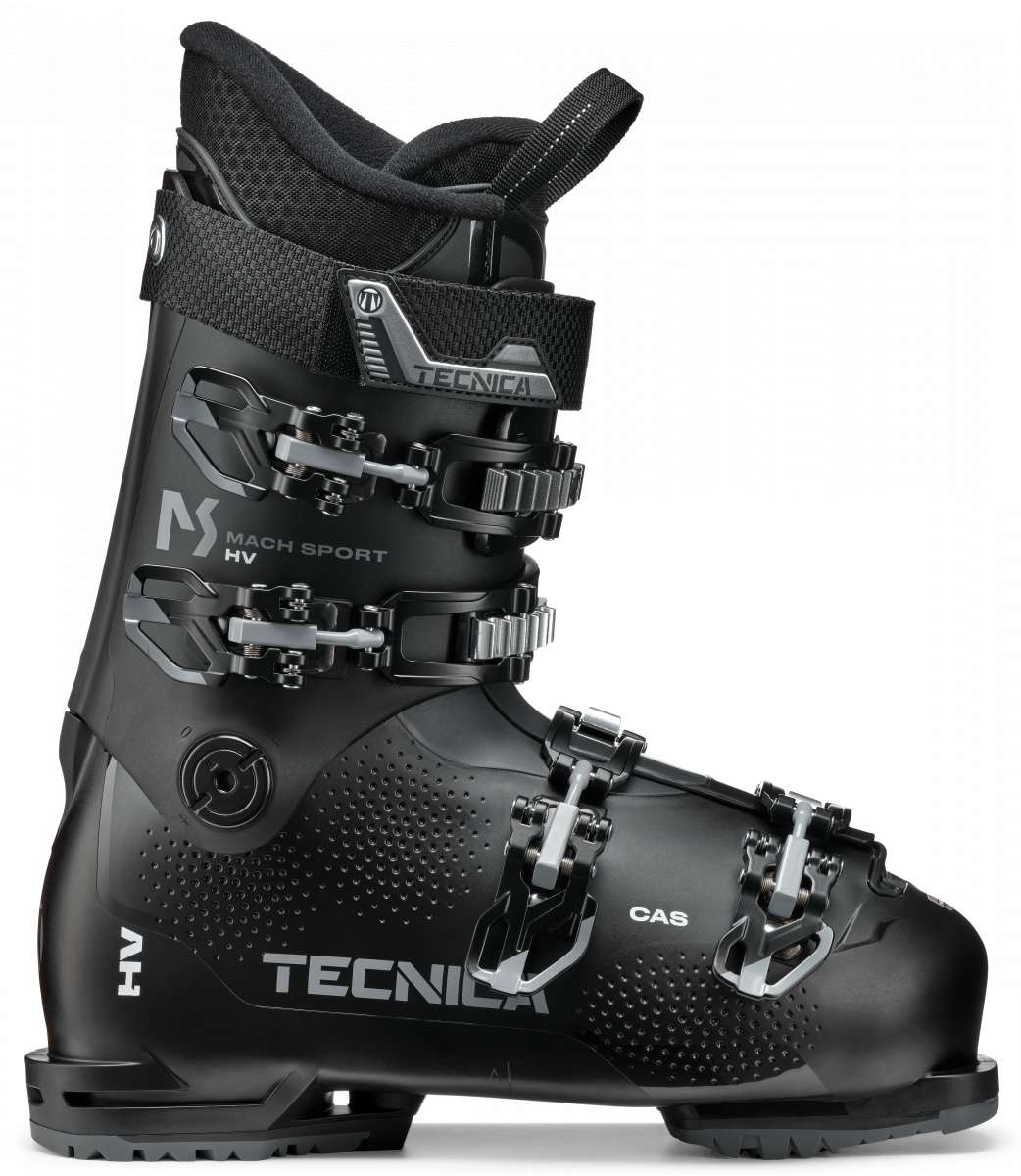 Tecnica Mach Sport HV 70 Ski Boots 2024 - Black ski boots with silver buckles and straps, featuring a textured pattern on the toe area.