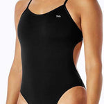 TYR Ladies' Durafast One Solids Cutoutfit Swimsuit - Solid black one-piece swimsuit with thin straps and cutouts on sides.