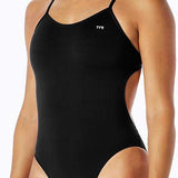 TYR Ladies' Durafast One Solids Cutoutfit Swimsuit - Solid black one-piece swimsuit with thin straps and cutouts on sides.