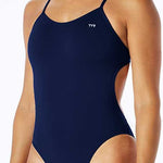 TYR Ladies' Durafast One Solids Cutoutfit Swimsuit - A navy blue one-piece swimsuit with thin straps and a cut-out detail on the left hip.