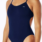 TYR Ladies' Durafast One Solids Cutoutfit Swimsuit - A navy blue one-piece swimsuit with thin straps and a cut-out detail on the left hip.