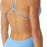TYR Ladies' Durafast One Solids Cutoutfit Swimsuit - A light blue swimsuit with a cut-out design on the side, featuring thin straps and a high-cut leg.
