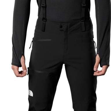 North Face Summit L5 FUTURELIGHT Full-Zip Shell Bib 2022-2023 - A black bib with a zip running down the front, featuring white logos on the left thigh and right leg.