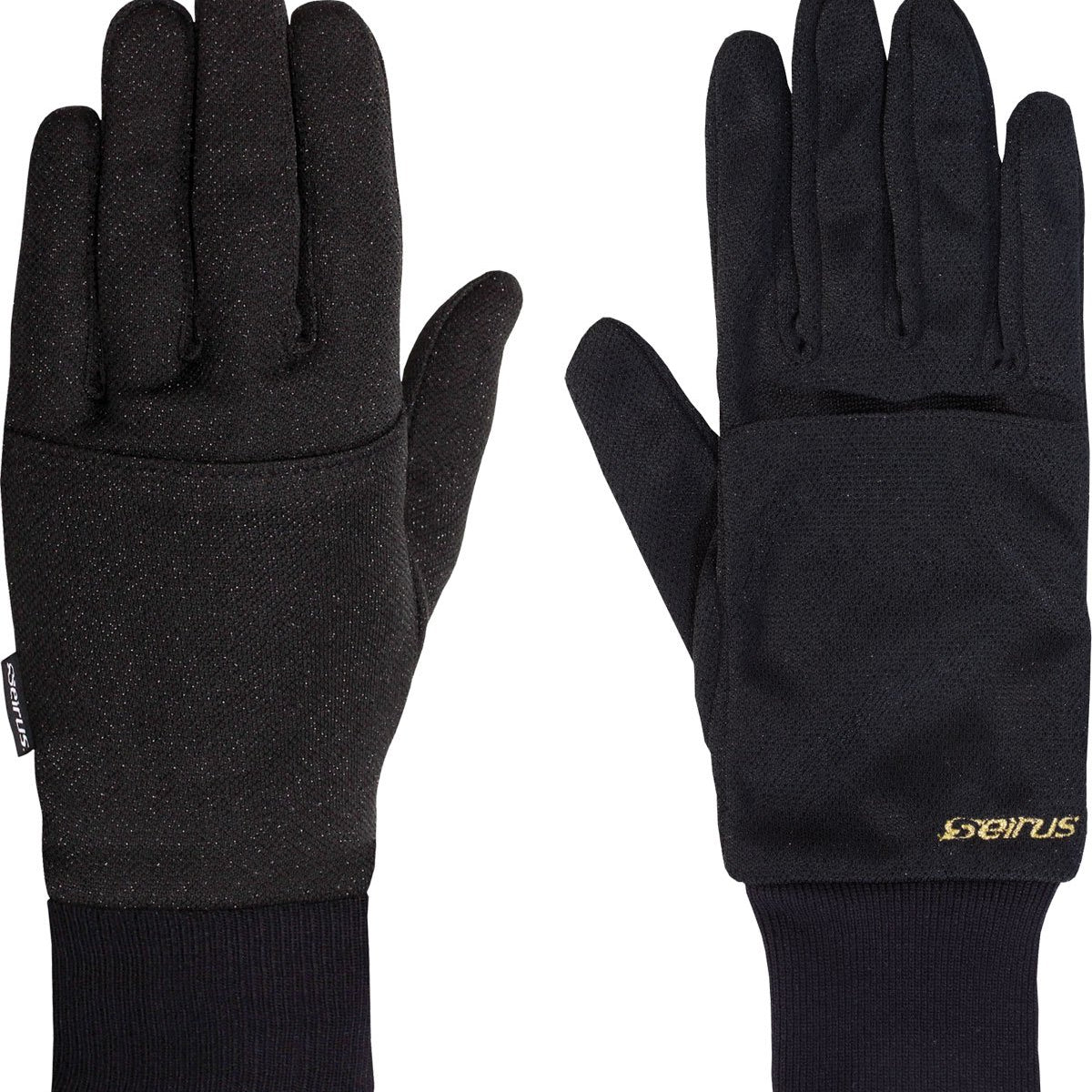 Seirus Thermalux Heat Pocket Liner Glove - A black glove with a textured pattern on the palm and fingers, featuring a small white logo on the wrist cuff.