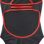 TYR Ladies' Hexa Trinityfit Swimsuit - A black swimsuit with a hexagonal pattern and red trim, featuring thin straps that cross over at the back.