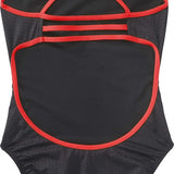 TYR Ladies' Hexa Trinityfit Swimsuit - A black swimsuit with a hexagonal pattern and red trim, featuring thin straps that cross over at the back.