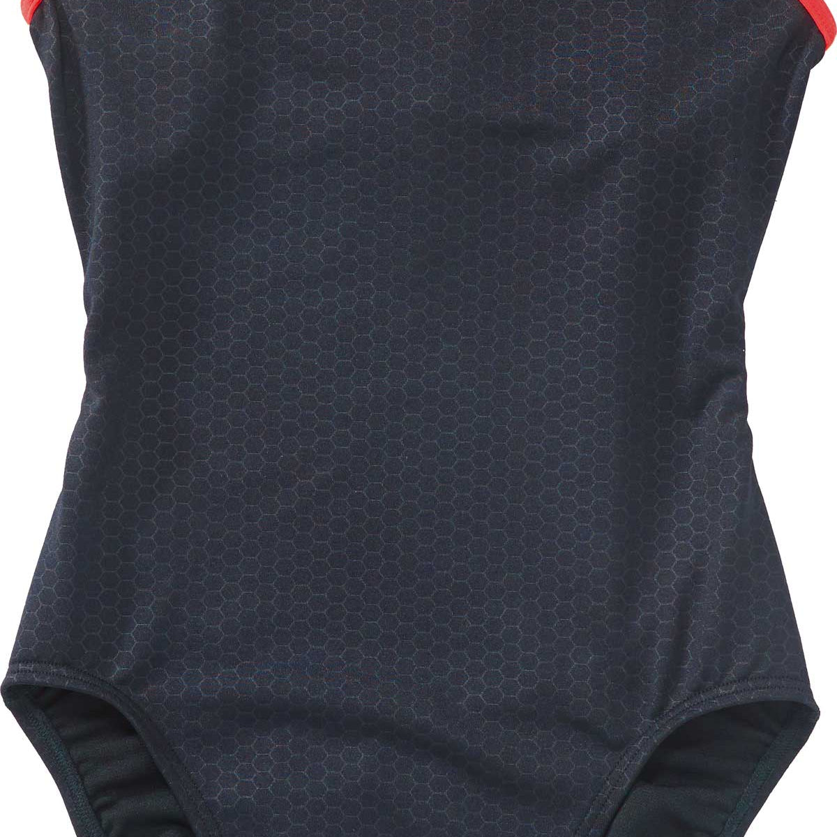 TYR Ladies' Hexa Trinityfit Swimsuit - A black swimsuit with a subtle hexagonal pattern and red trim around the edges.