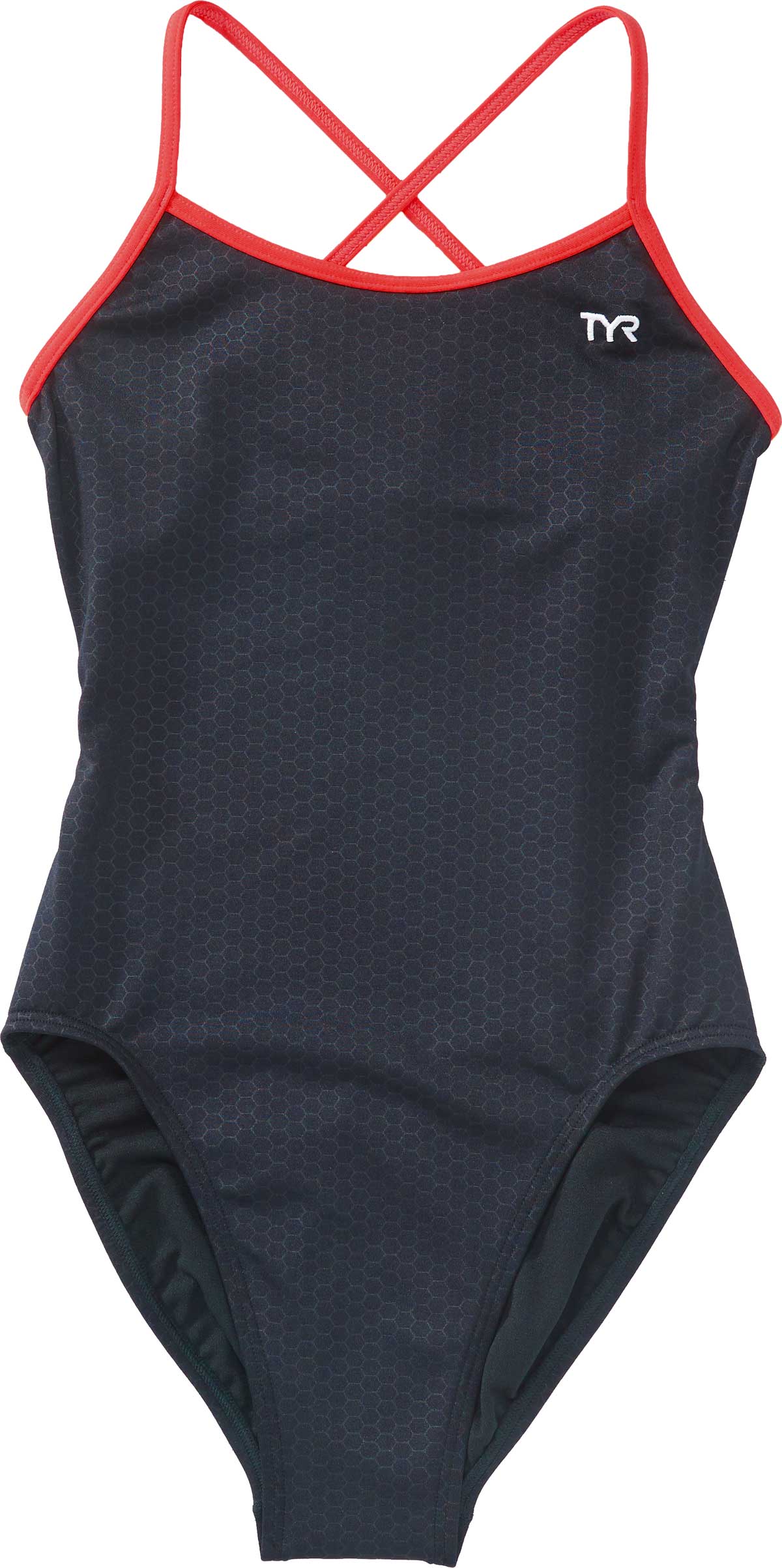 TYR Ladies' Hexa Trinityfit Swimsuit - A black swimsuit with a subtle hexagonal pattern and red trim around the edges.