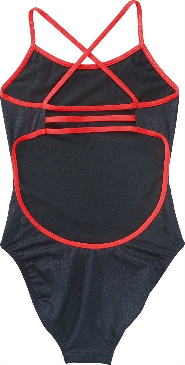 TYR Ladies' Hexa Trinityfit Swimsuit - A black swimsuit with a hexagonal pattern and red trim, featuring thin straps that cross over at the back.