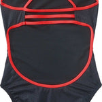 TYR Ladies' Hexa Trinityfit Swimsuit - A black swimsuit with a hexagonal pattern and red trim, featuring thin straps that cross over at the back.