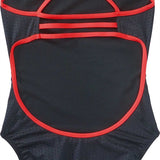 TYR Ladies' Hexa Trinityfit Swimsuit - A black swimsuit with a hexagonal pattern and red trim, featuring thin straps that cross over at the back.