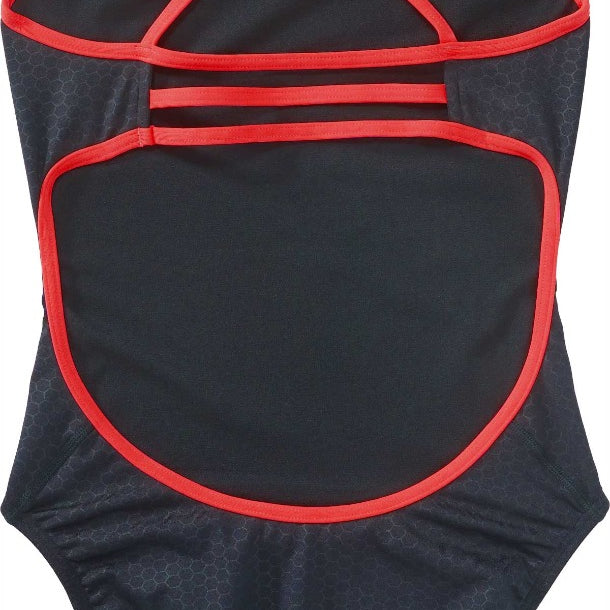 TYR Ladies' Hexa Trinityfit Swimsuit - A black swimsuit with a hexagonal pattern and red trim, featuring thin straps that cross over at the back.