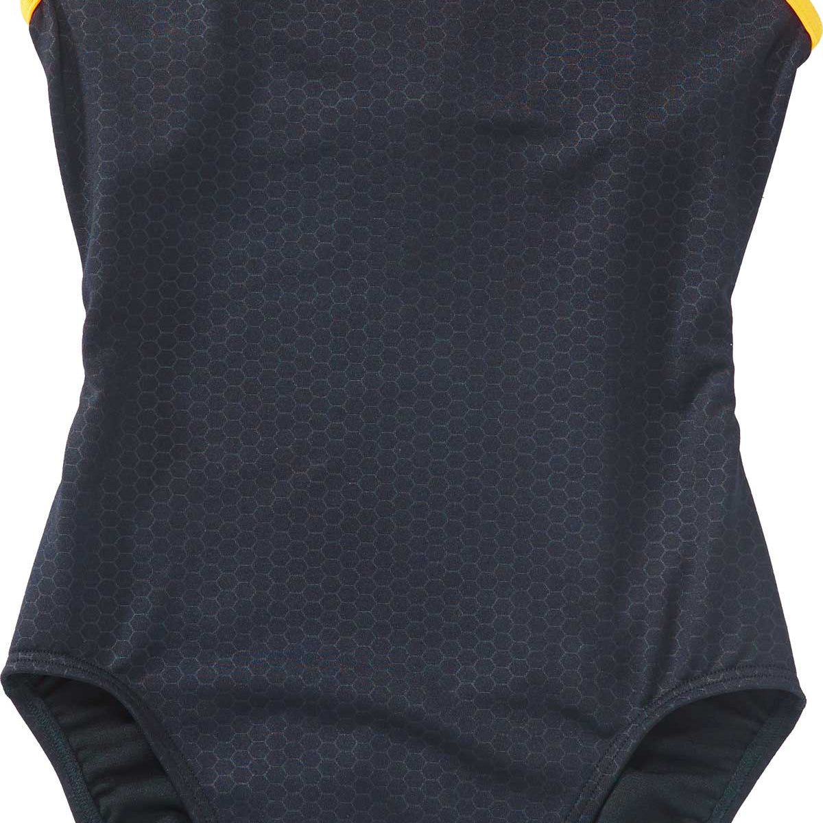 TYR Ladies' Hexa Trinityfit Swimsuit - A black swimsuit with a hexagonal pattern and yellow trim around the edges.