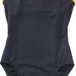 TYR Ladies' Hexa Trinityfit Swimsuit - A black swimsuit with a hexagonal pattern and yellow trim around the edges.