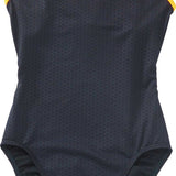 TYR Ladies' Hexa Trinityfit Swimsuit - A black swimsuit with a hexagonal pattern and yellow trim around the edges.
