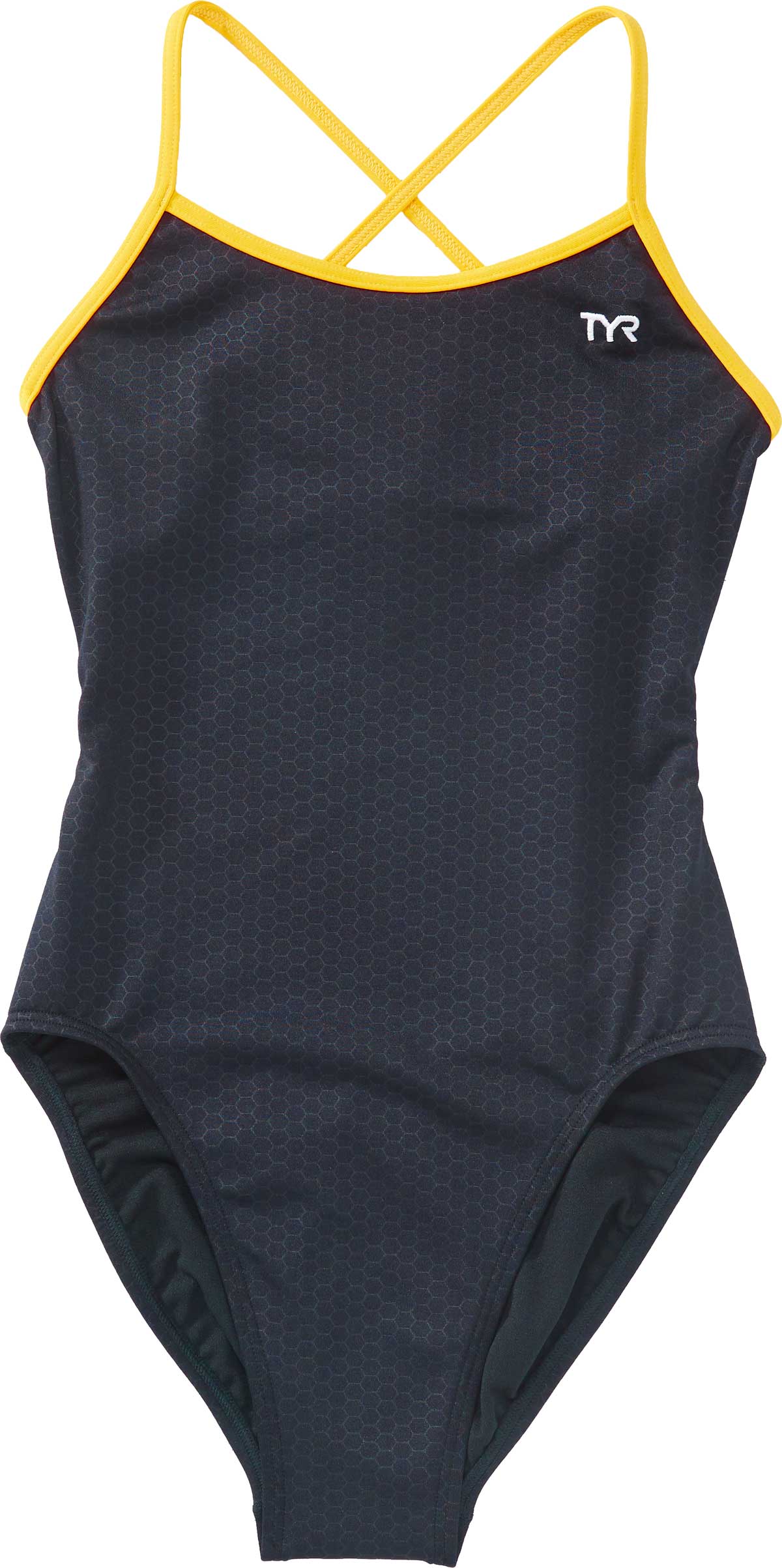 TYR Ladies' Hexa Trinityfit Swimsuit - A black swimsuit with a hexagonal pattern and yellow trim around the edges.