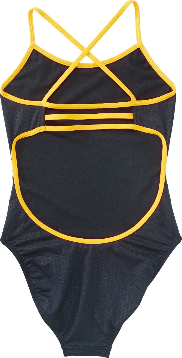 TYR Ladies' Hexa Trinityfit Swimsuit - A black swimsuit with a hexagonal pattern and yellow trim, featuring thin straps that cross over at the back.