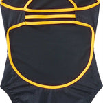 TYR Ladies' Hexa Trinityfit Swimsuit - A black swimsuit with a hexagonal pattern and yellow trim, featuring thin straps that cross over at the back.