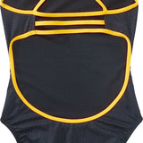 TYR Ladies' Hexa Trinityfit Swimsuit - A black swimsuit with a hexagonal pattern and yellow trim, featuring thin straps that cross over at the back.