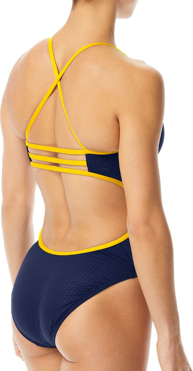 TYR Ladies' Hexa Trinityfit Swimsuit - A navy blue swimsuit with a geometric pattern of yellow hexagons on the torso and hips.