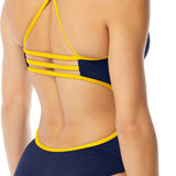 TYR Ladies' Hexa Trinityfit Swimsuit - A navy blue swimsuit with a geometric pattern of yellow hexagons on the torso and hips.