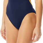 TYR Ladies' Hexa Trinityfit Swimsuit - A navy blue swimsuit with yellow trim and straps, featuring a white logo on the left chest area.