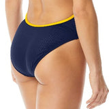 TYR Ladies' Hexa Trinityfit Swimsuit - A navy blue swimsuit with yellow trim and straps.