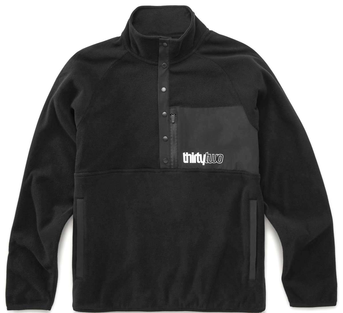 ThirtyTwo Rest Stop Anorak 2023 - A black fleece pullover with a high collar and snap buttons down the front.