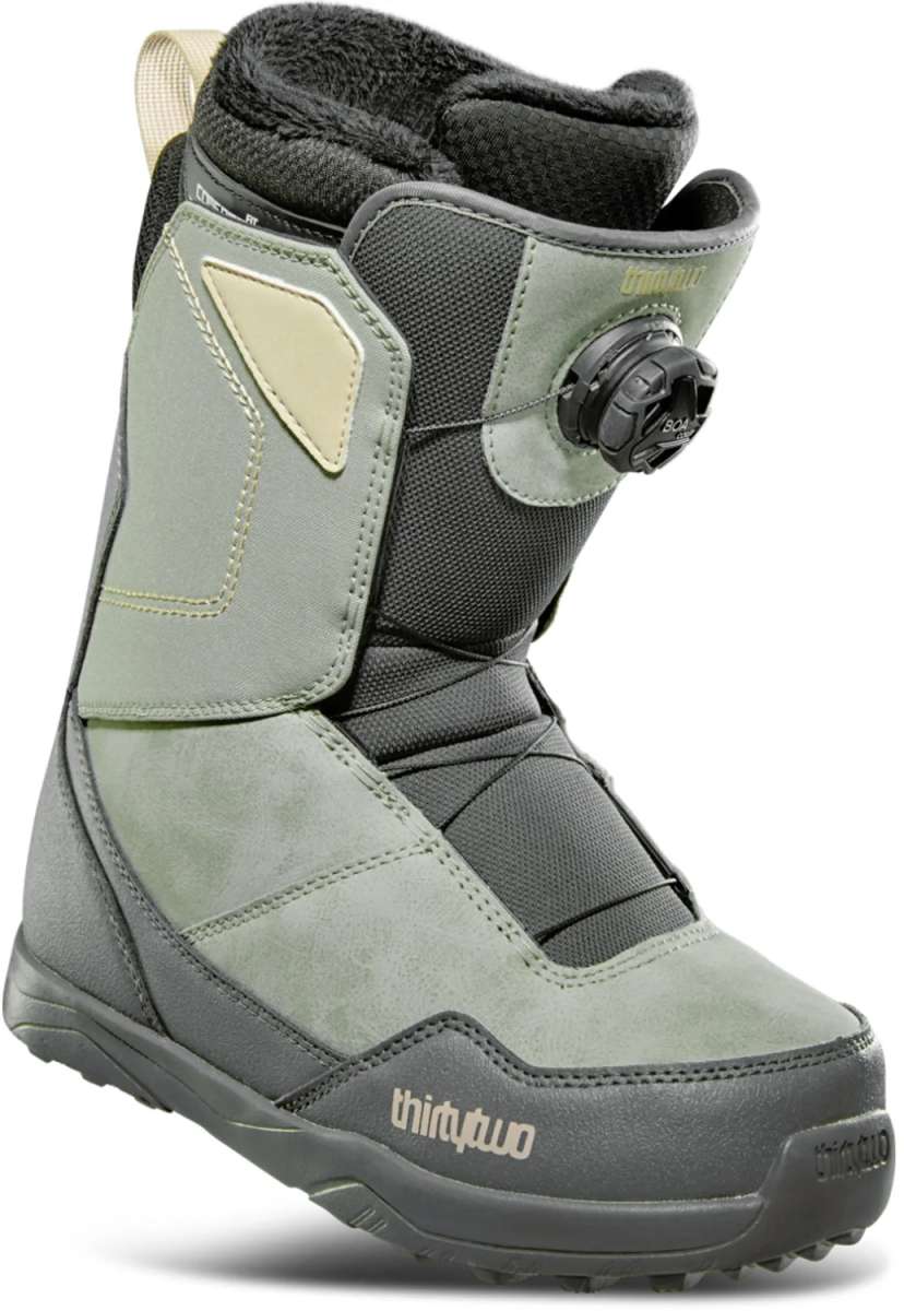ThirtyTwo Women's Shifty BOA Snowboard Boot 2024 - A light green snowboard boot with a black BOA dial on the side and a fuzzy gray lining visible inside.