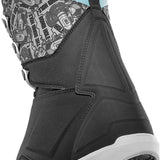 ThirtyTwo Lashed x Bomb Hole Snowboard Boots 2024 - Black boots with a gray patterned strap and white soles.
