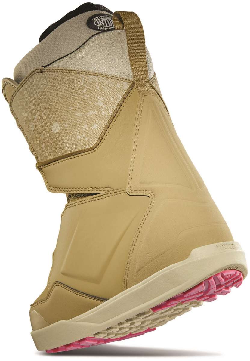 ThirtyTwo Women's Lashed Double BOA x B4BC Snowboard Boot 2024 - A tan snowboard boot with a black logo on the tongue and pink accents on the sole.