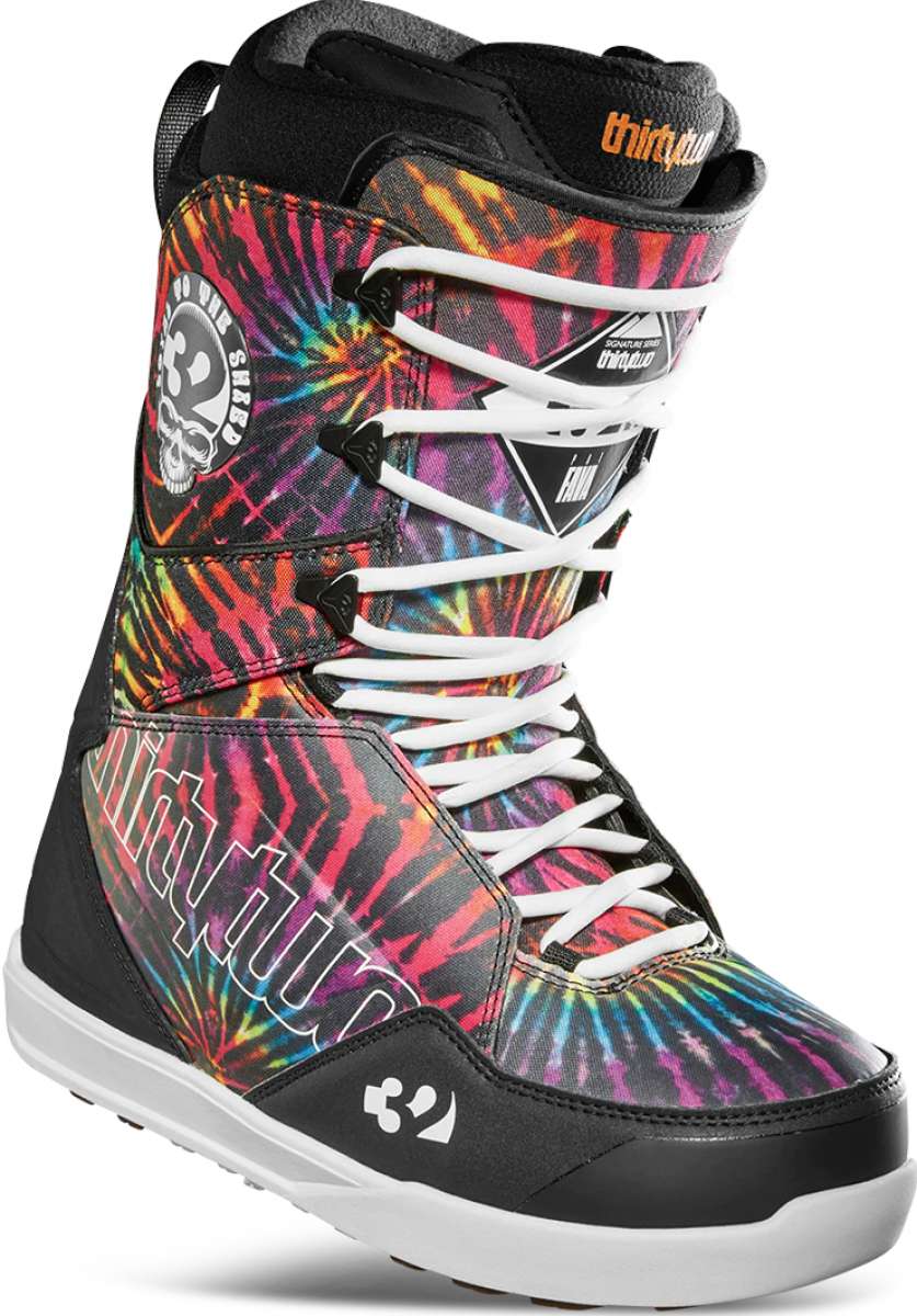 ThirtyTwo Lashed X Pat Fava Snowboard Boot 2024 - A black snowboard boot with a tie-dye pattern and white laces.