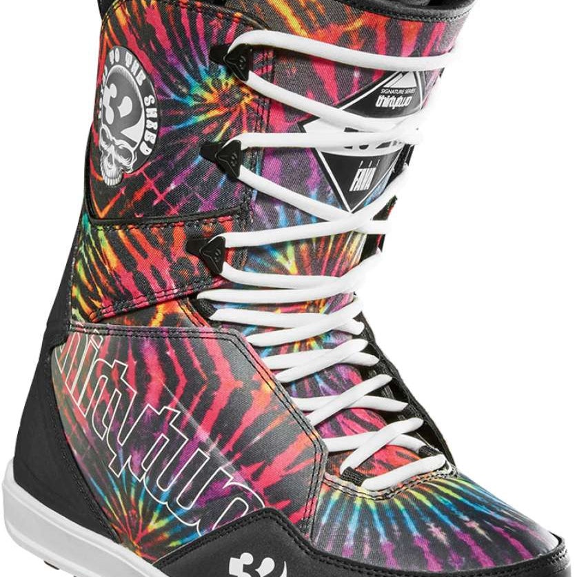 ThirtyTwo Lashed X Pat Fava Snowboard Boot 2024 - A black snowboard boot with a tie-dye pattern and white laces.