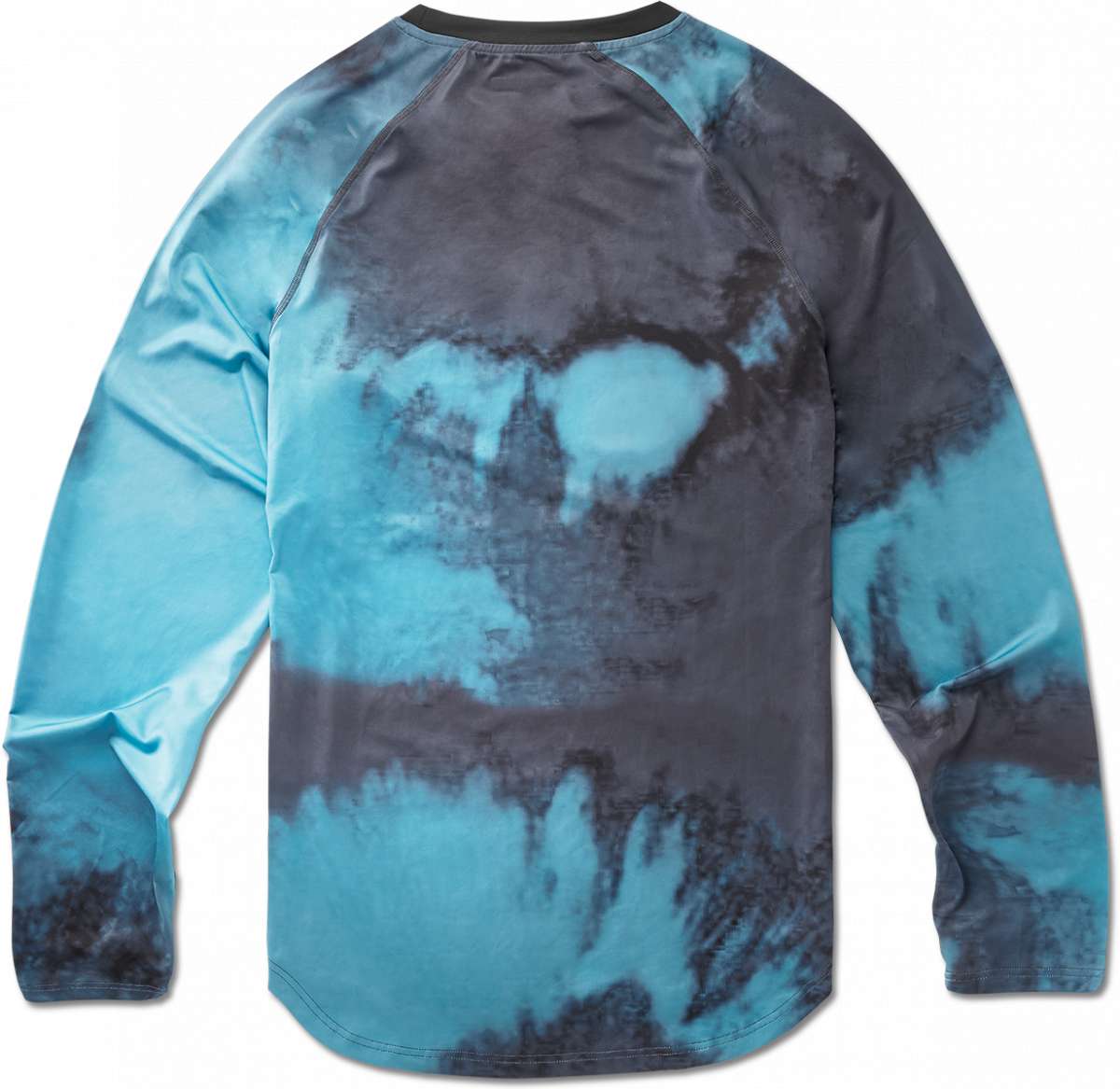ThirtyTwo Ridelite Long Sleeve Shirt 2024 - A long-sleeved shirt with a crew neck and raglan sleeves, featuring a tie-dye pattern in shades of blue and gray.