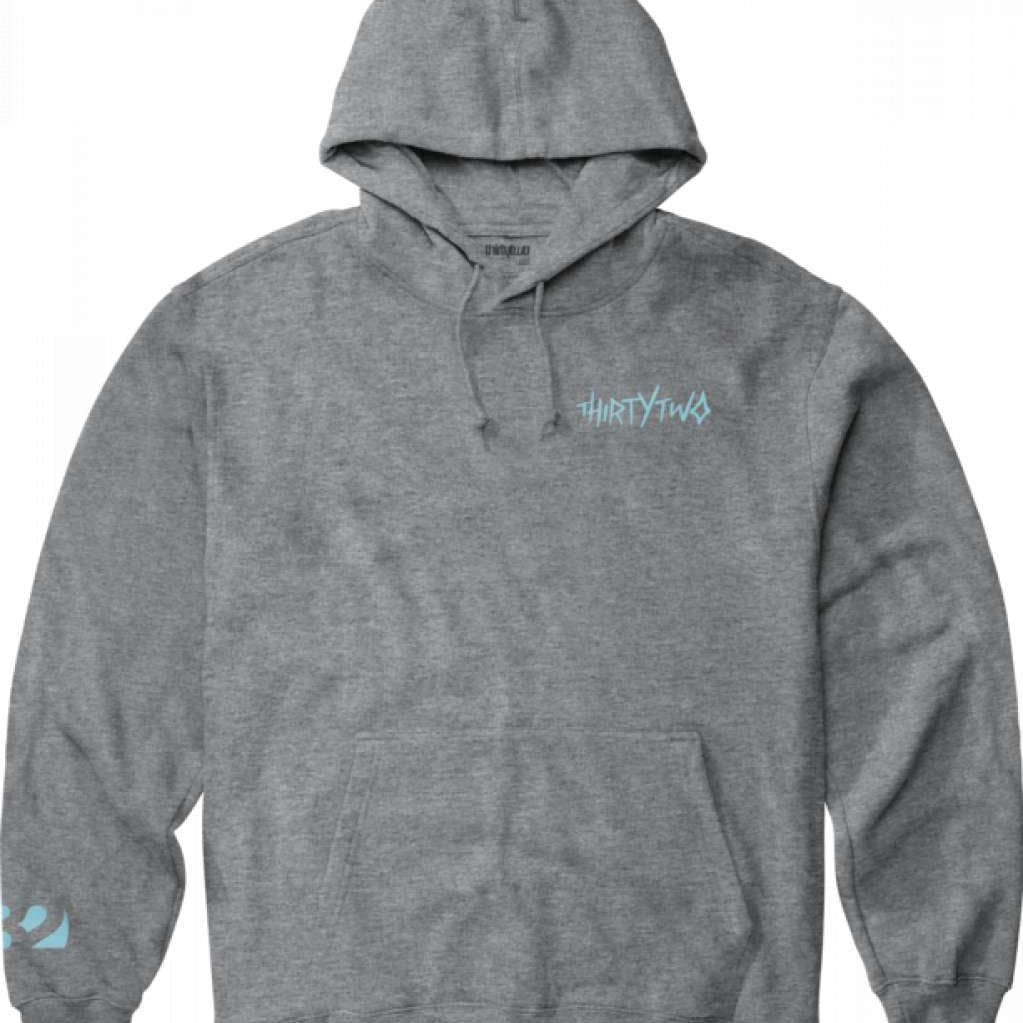 ThirtyTwo - A gray pullover hoodie with a kangaroo pocket, featuring the brand's logo in light blue on the chest and a small tag on the bottom right corner.