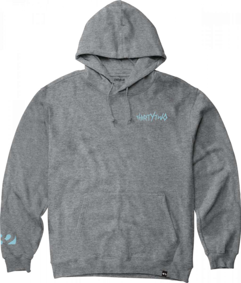 ThirtyTwo - A gray pullover hoodie with a kangaroo pocket, featuring the brand's logo in light blue on the chest and a small tag on the bottom right corner.