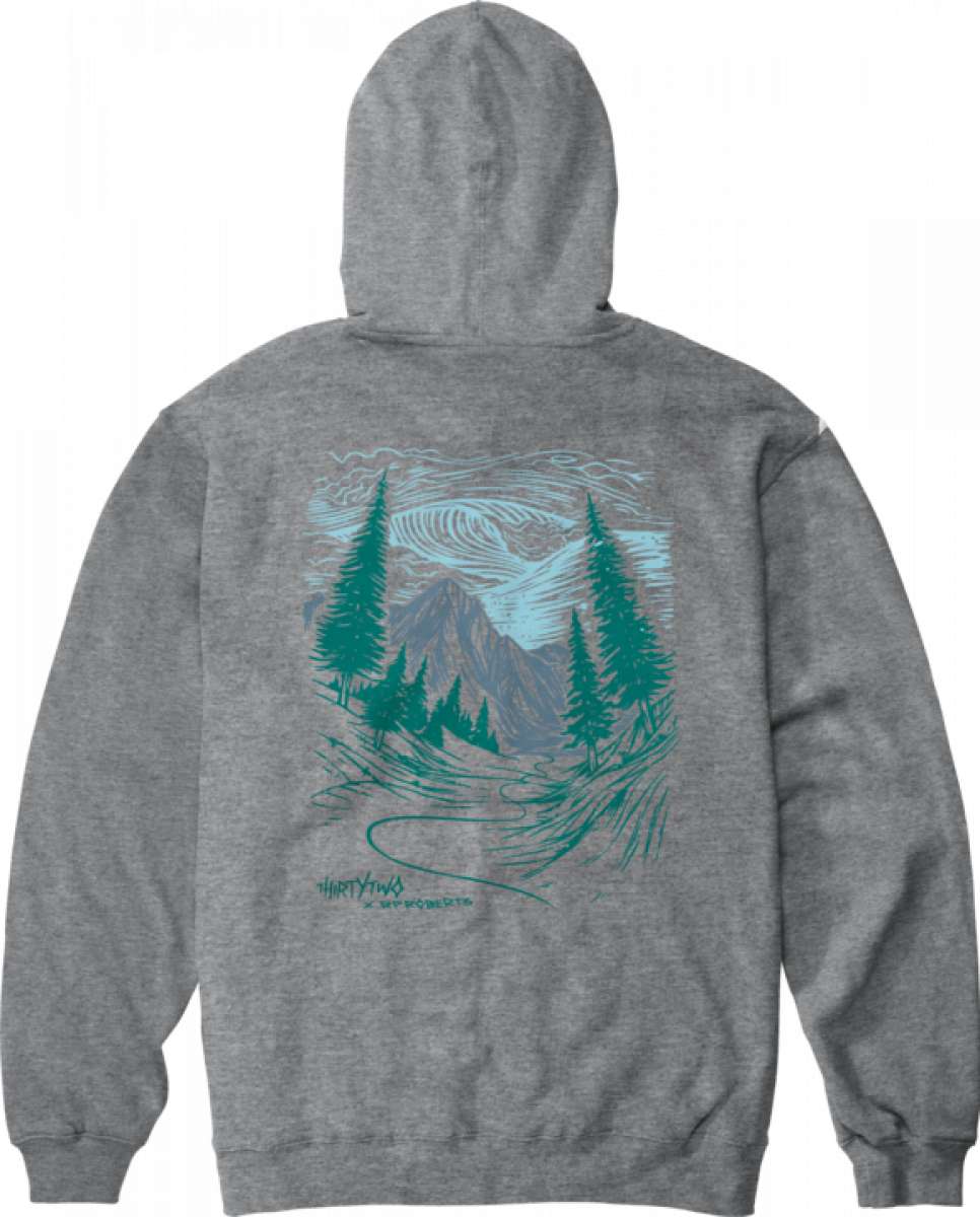 ThirtyTwo RP Art Pullover Hoodie 2023 - A gray hoodie with a graphic of mountains and trees in shades of blue and green on the back.