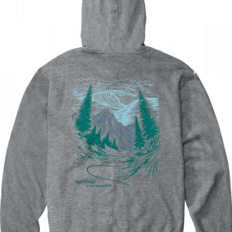 ThirtyTwo RP Art Pullover Hoodie 2023 - A gray hoodie with a graphic of mountains and trees in shades of blue and green on the back.