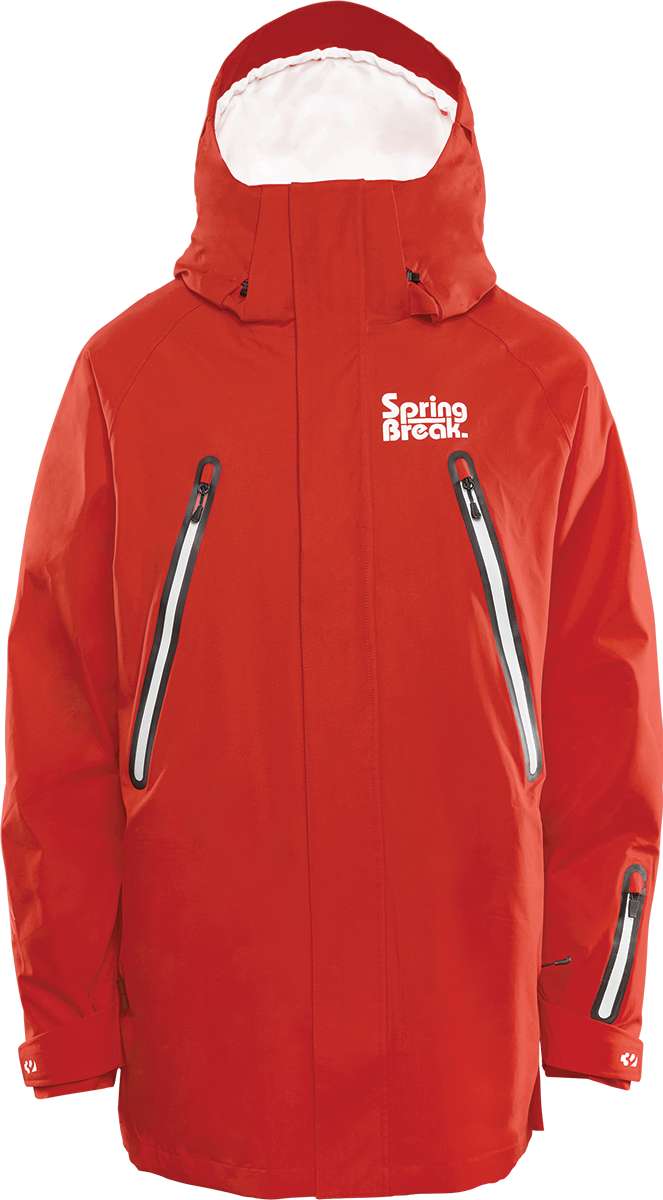 ThirtyTwo Spring Break x Pintail Powder Parka 2024 - A red parka with a white fur-lined hood and two zippered pockets on either side of the waist.