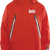 ThirtyTwo Spring Break x Pintail Powder Parka 2024 - A red parka with a white fur-lined hood and two zippered pockets on either side of the waist.