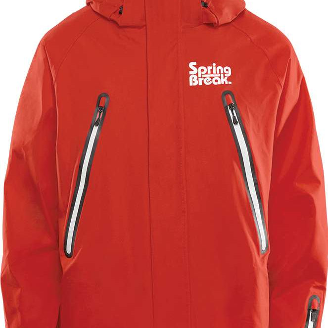 ThirtyTwo Spring Break x Pintail Powder Parka 2024 - A red parka with a white fur-lined hood and two zippered pockets on either side of the waist.