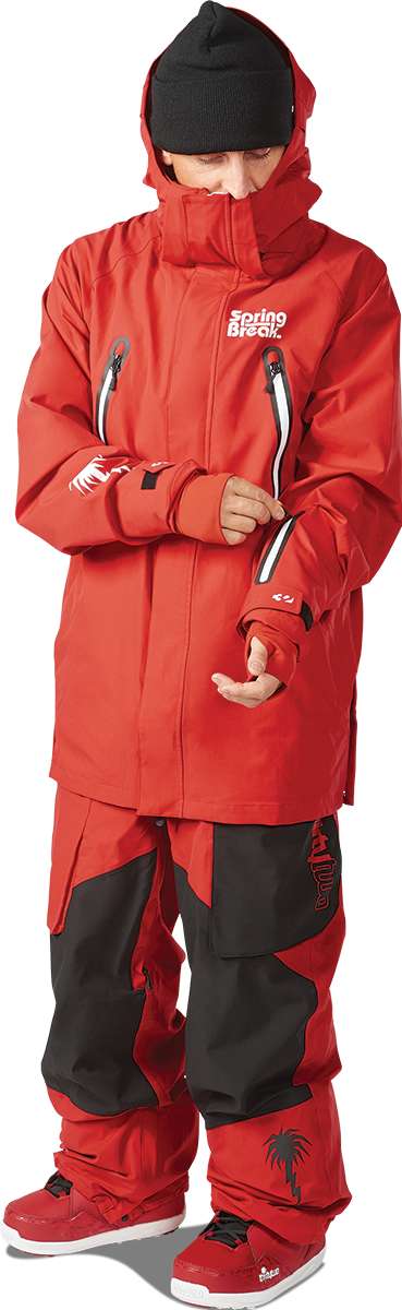 ThirtyTwo Spring Break x Pintail Powder Parka - A red parka with a hood and white zipper.