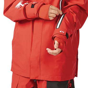 ThirtyTwo Spring Break x Pintail Powder Parka - A red parka with a hood and white zipper.