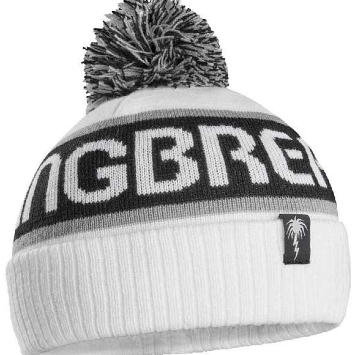 ThirtyTwo Spring Break Pom Beanie 2023 - A white beanie with a gray pom-pom on top and a palm tree logo in the bottom right corner.