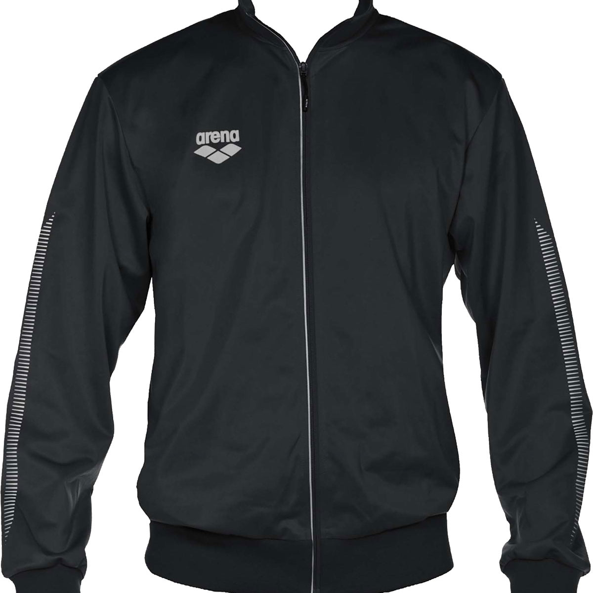 Arena Team Line Knitted Poly Warm-Up Jacket - A black jacket with a white logo on the left chest and a zipper down the front.